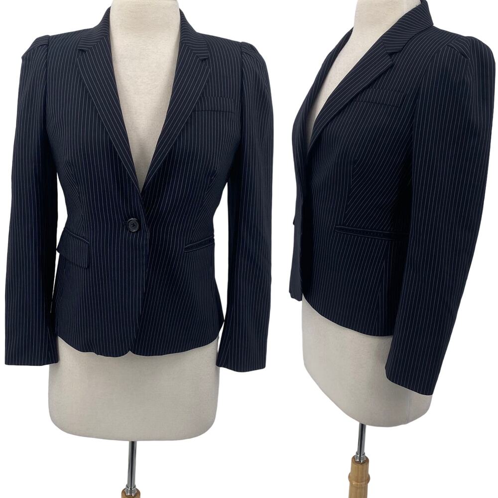 J Crew Wool Pinstripe Blazer Single Breasted Button Front Navy Petite Womens 8Pa
